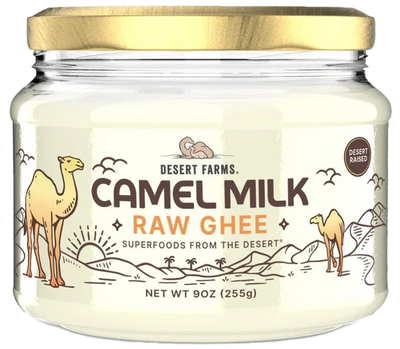 Jar of Desert Farms Camel Milk Raw Ghee with a gold lid on a white background