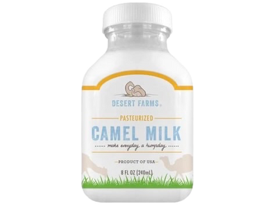 Desert Farms camel milk bottle on a white background