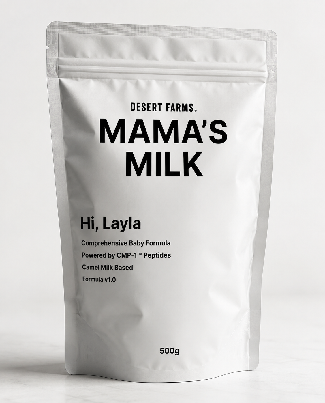 A 500g stand-up pouch of Desert Farms Mama's Milk baby formula powder, featuring black text on a white background.
