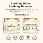 Two jars of Camel Milk Raw Ghee with labels and certification icons on a white background.