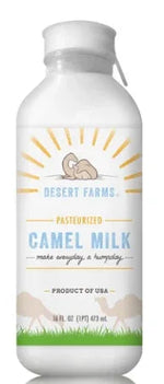 Desert Farms camel milk bottle on a white background