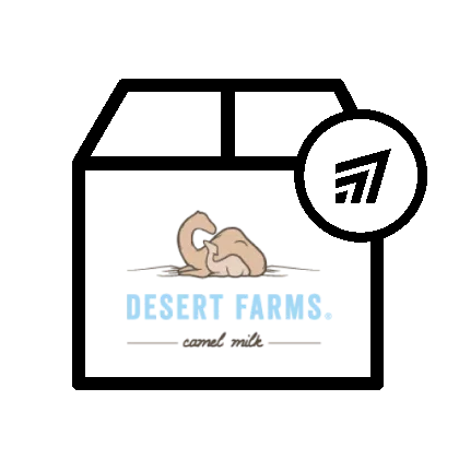 Desert Farms camel milk packaging with a logo on a white background