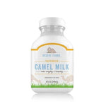 Bottle of Desert Farms pasteurized camel milk on a white background