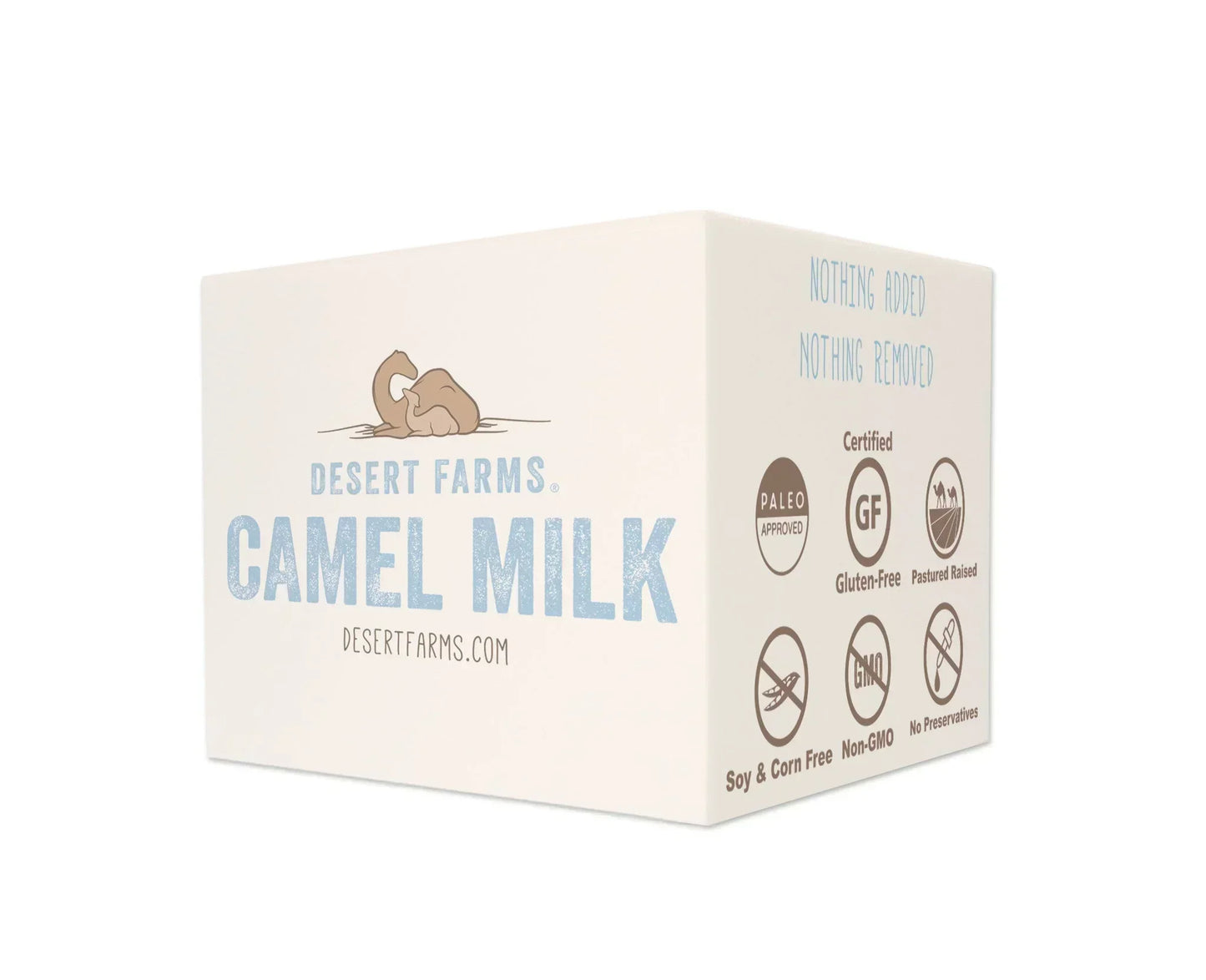 Box of Desert Farms camel milk on a white background