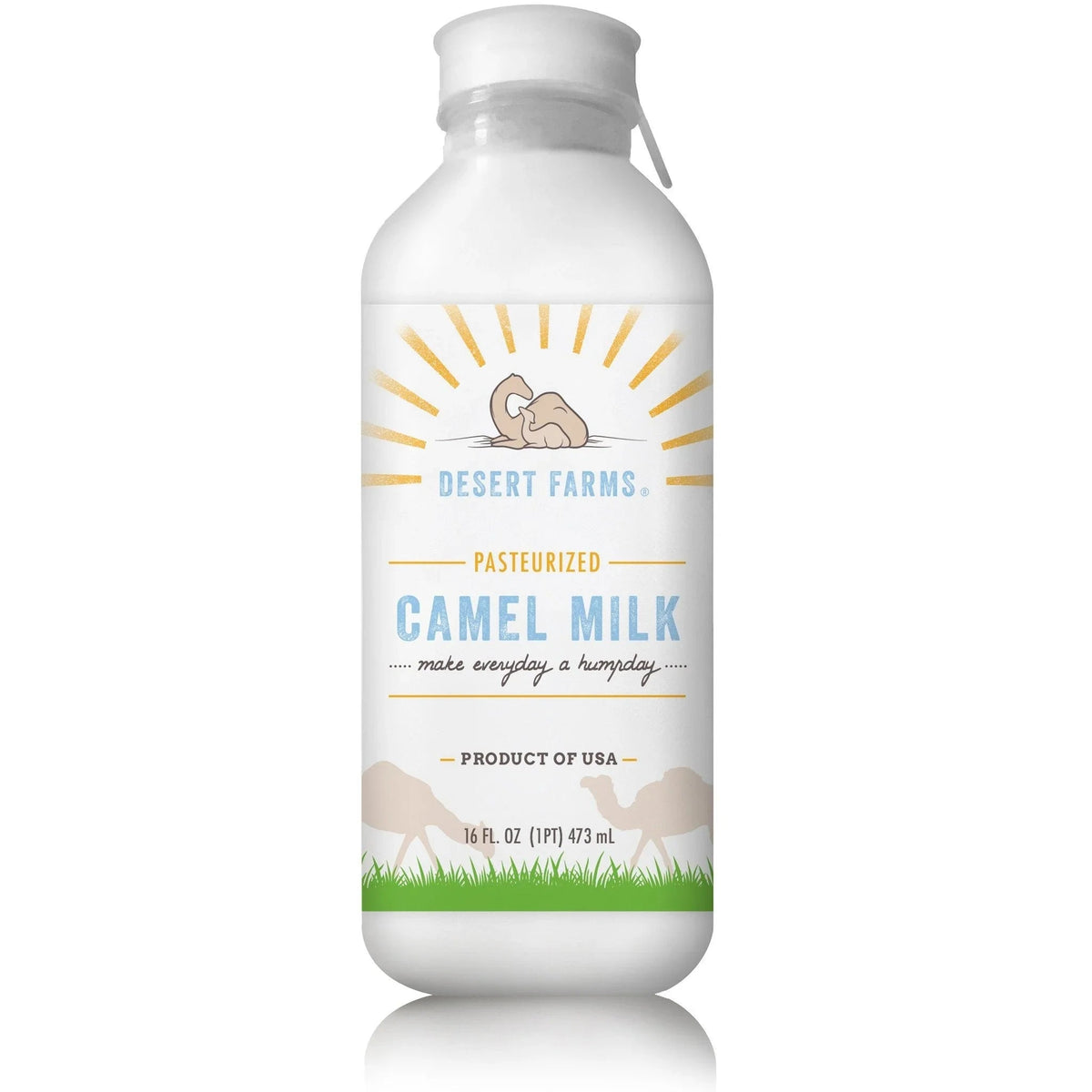 Desert farms pasteurized Fresh Camel Milk 100% Natural on a white background