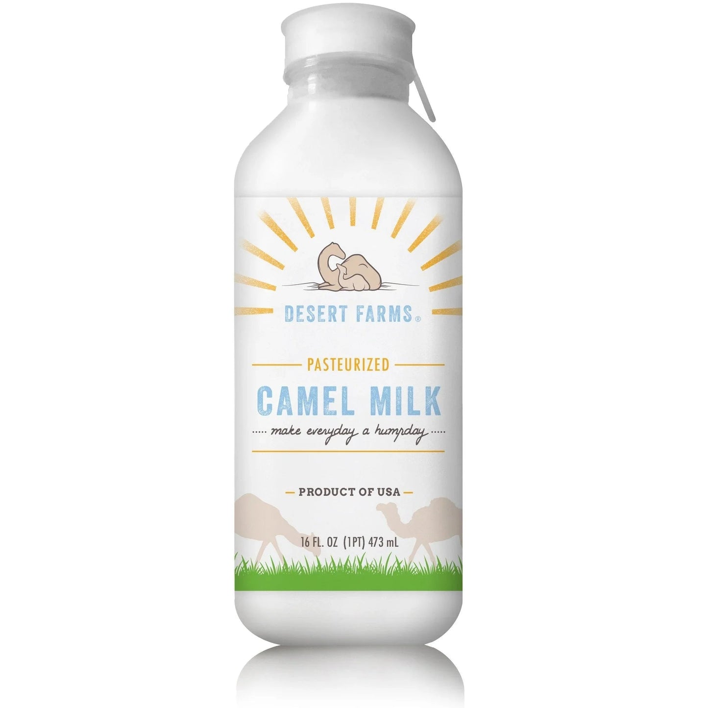 Desert farms pasteurized Fresh Camel Milk 100% Natural on a white background