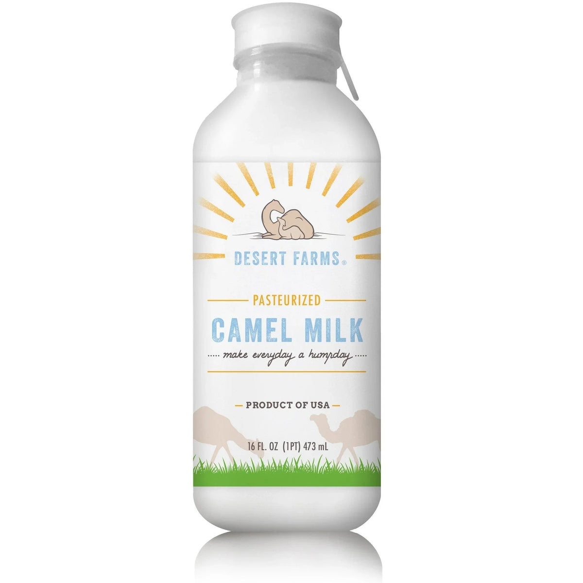 Desert Farms camel milk bottle on a white background