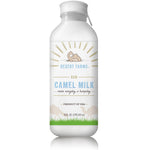 Desert Farms raw camel milk bottle on a white background