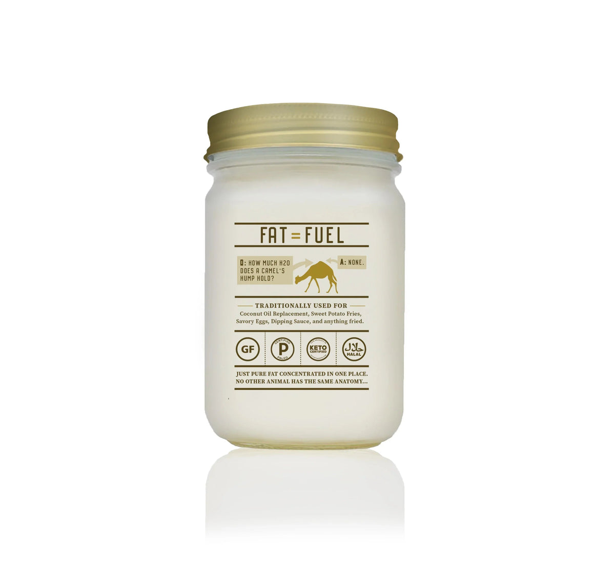 Jar of 'Fat = Fuel' on a white background