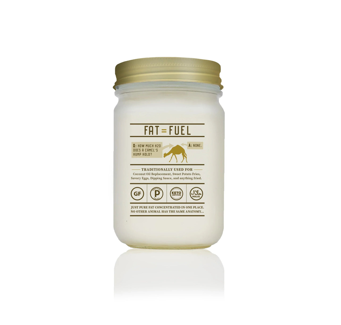 Jar of 'Fat = Fuel' on a white background