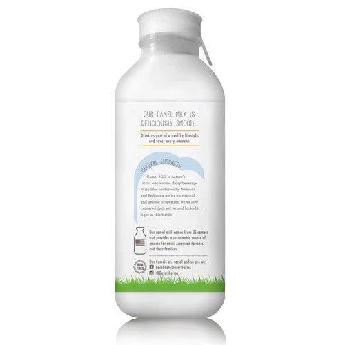 Fresh Camel Milk 100% Natural White bottle with text and branding on a white background