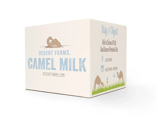 Box of Desert Farms camel milk on a white background