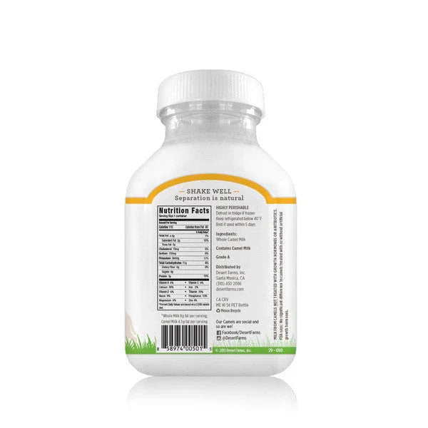Bottle of Desert Farms camel milk on a white background