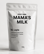A 500g stand-up pouch of Desert Farms Mama's Milk baby formula powder, featuring black text on a white background.