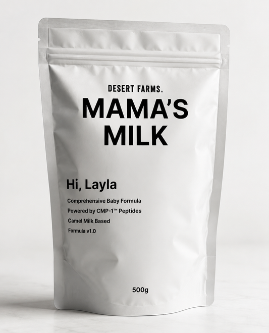 A 500g stand-up pouch of Desert Farms Mama's Milk baby formula powder, featuring black text on a white background.