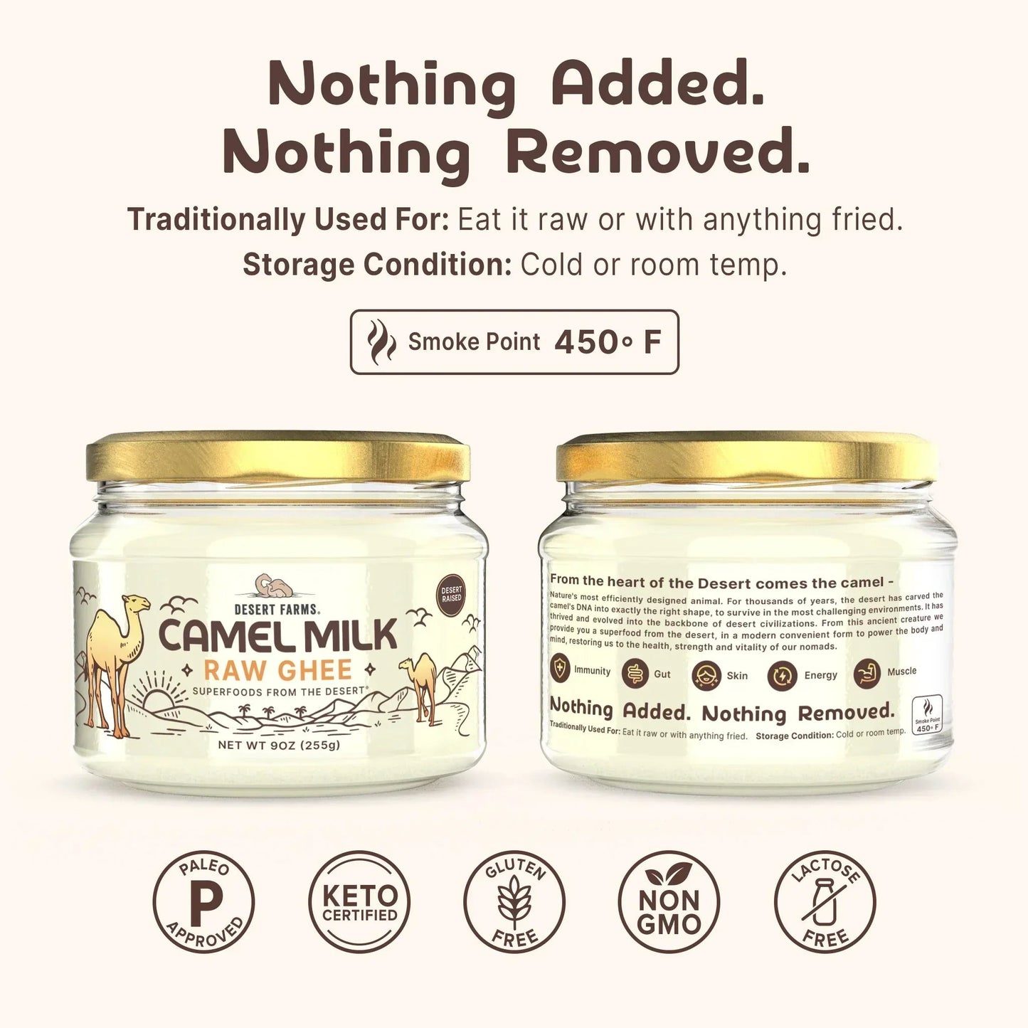 Two jars of Camel Milk Raw Ghee with labels and certification icons on a white background.