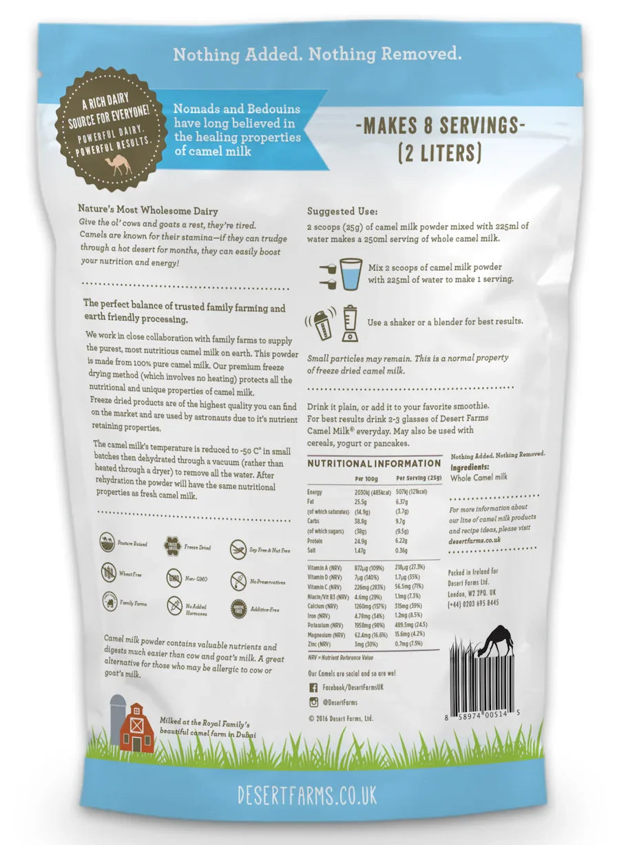 Back of a camel milk powder package with text and branding