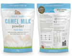 Desert Farms Camel Milk Powder package with front and back views on a white background