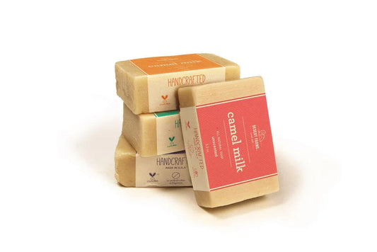 Fresh Camel Milk 100% Natural Stack of soap bars with visible branding on a white background
