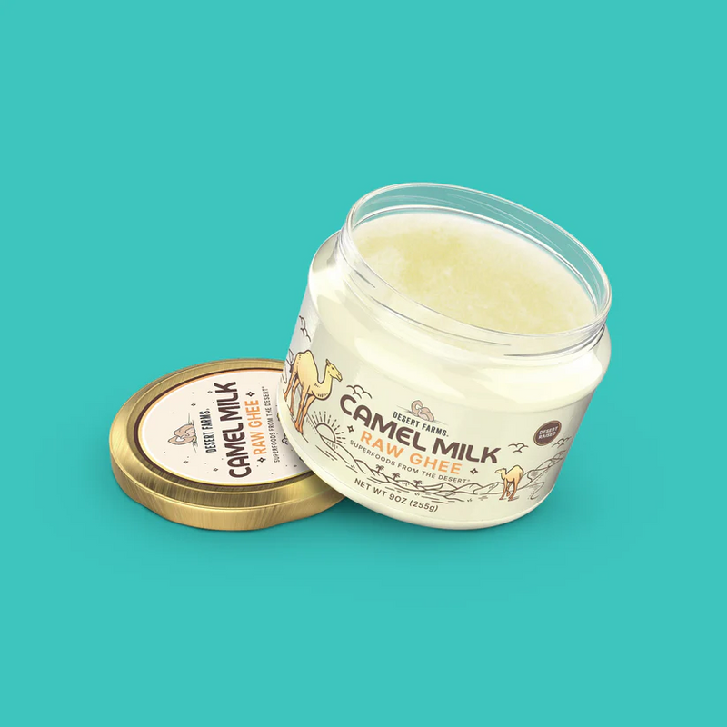 Jar of camel milk raw ghee with a gold lid on a teal background